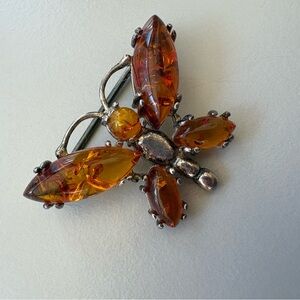 Silver Amber Butterfly Brooch 1.5inches delicate craftmanship